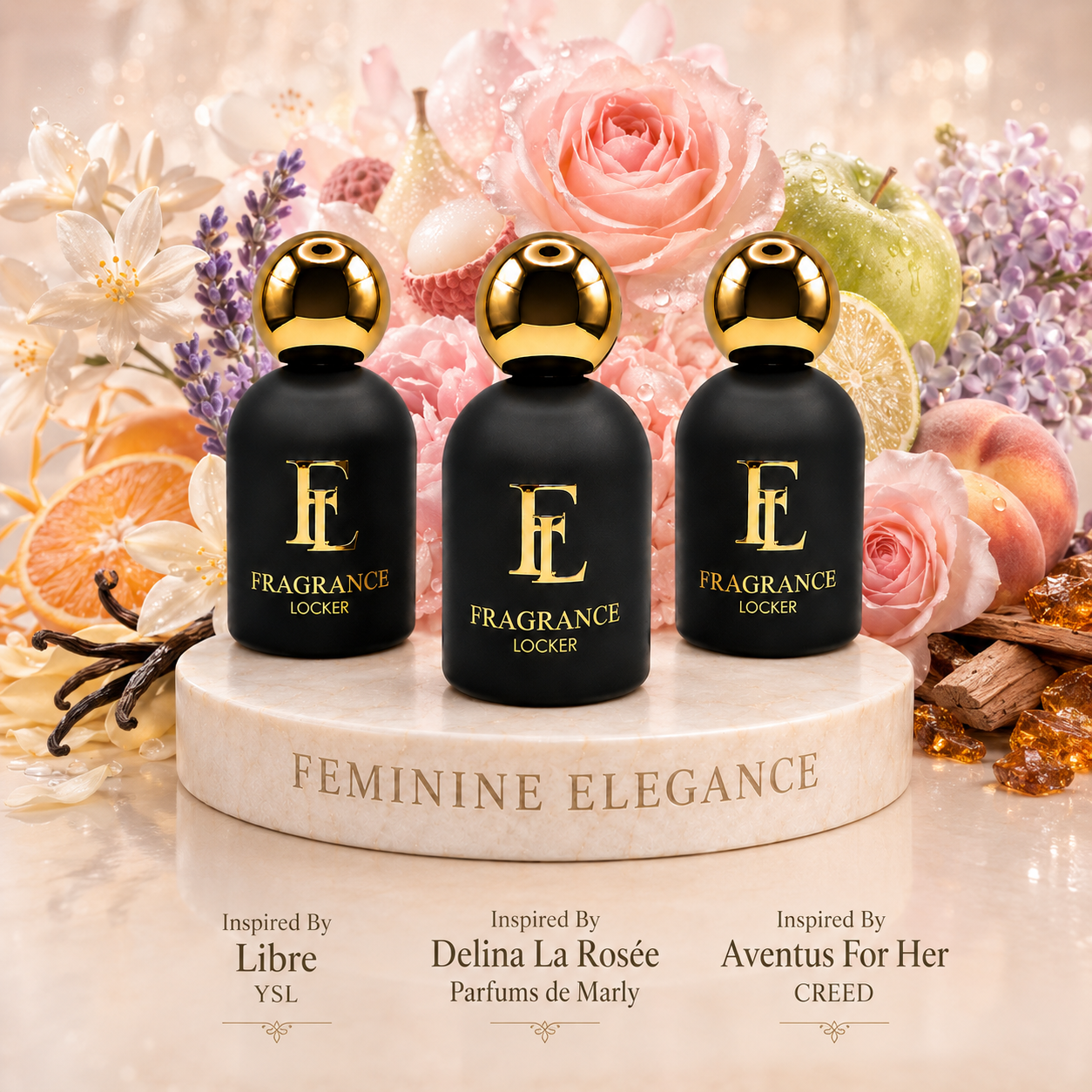 Fragrance Locker Feminine Elegance Collection with Aventus for Her, Delina La Rosée and Libre inspired Eau de Parfum bottles and boxes.