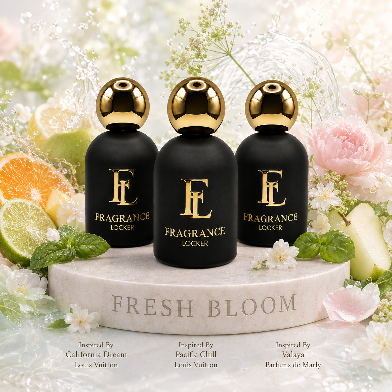 Fragrance Locker Fresh Bloom Collection with California Dream, Pacific Chill and Valaya inspired Eau de Parfum bottles and boxes.