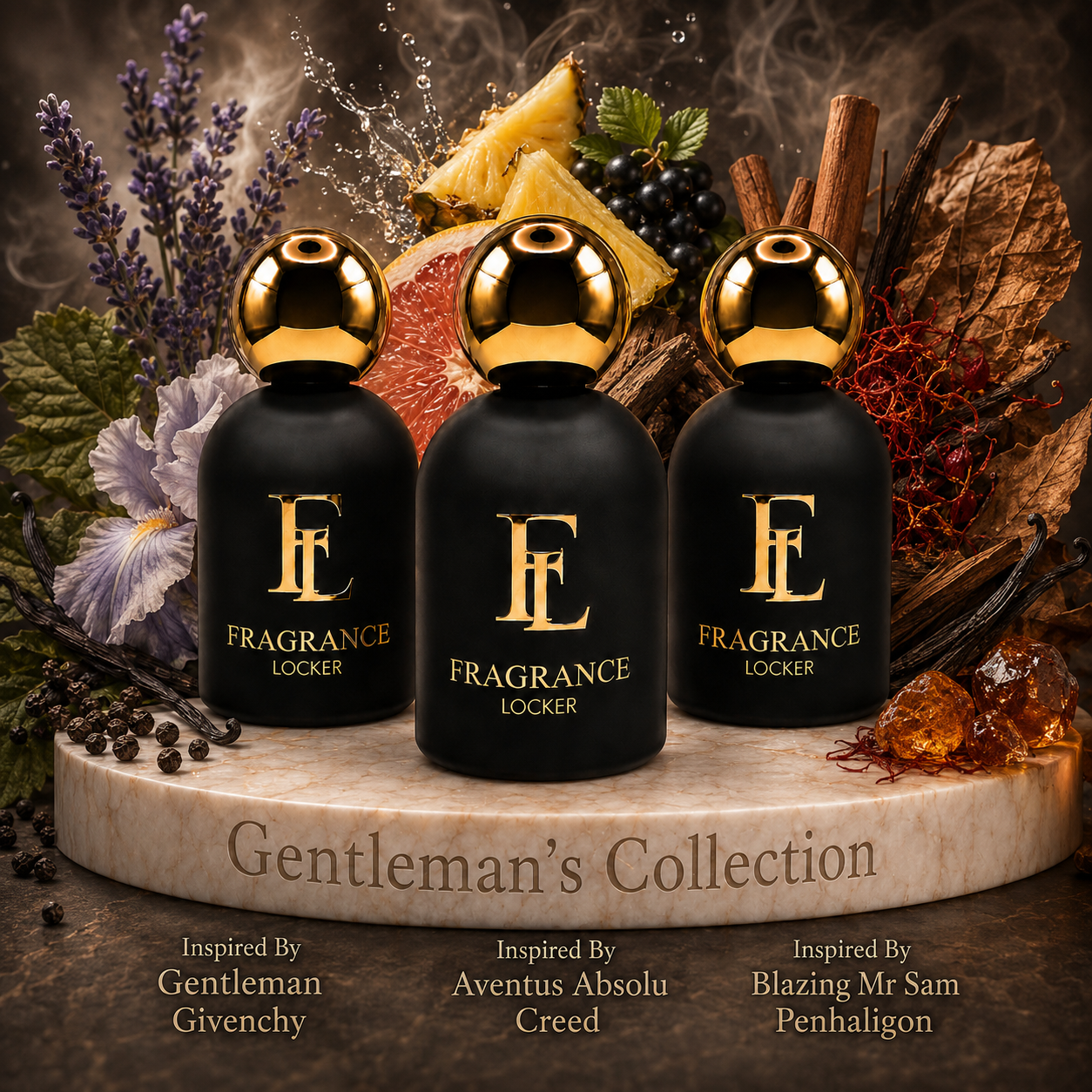 Fragrance Locker Gentleman’s Collection with Gentleman, Aventus Absolu and Blazing Mr Sam inspired Eau de Parfum bottles and boxes.