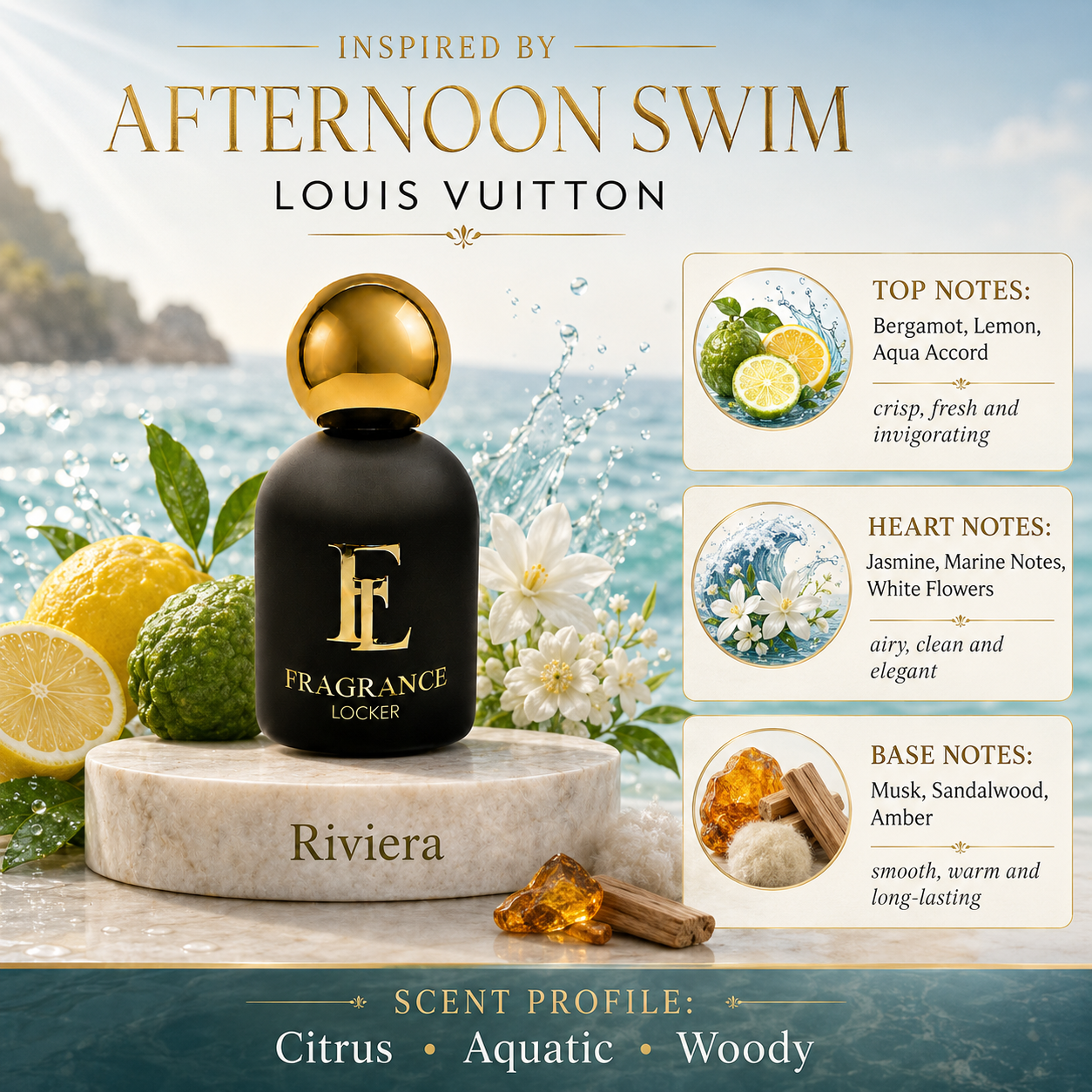 Fragrance Locker Afternoon Swim Louis Vuitton inspired Eau de Parfum 50ml bottle and box.