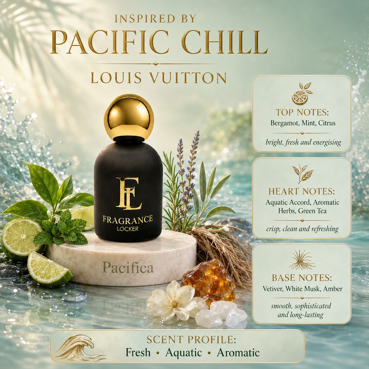 Fragrance Locker Pacific Chill Louis Vuitton inspired Eau de Parfum 50ml bottle and box.