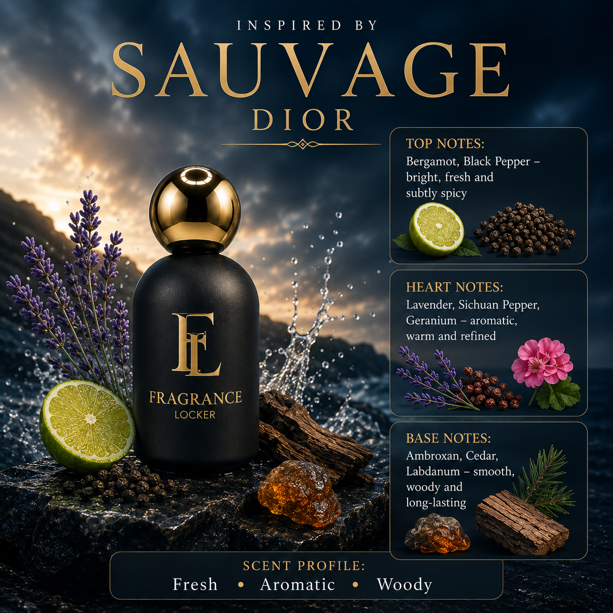 Fragrance Locker Sauvage Dior inspired Eau de Parfum 50ml bottle and box.