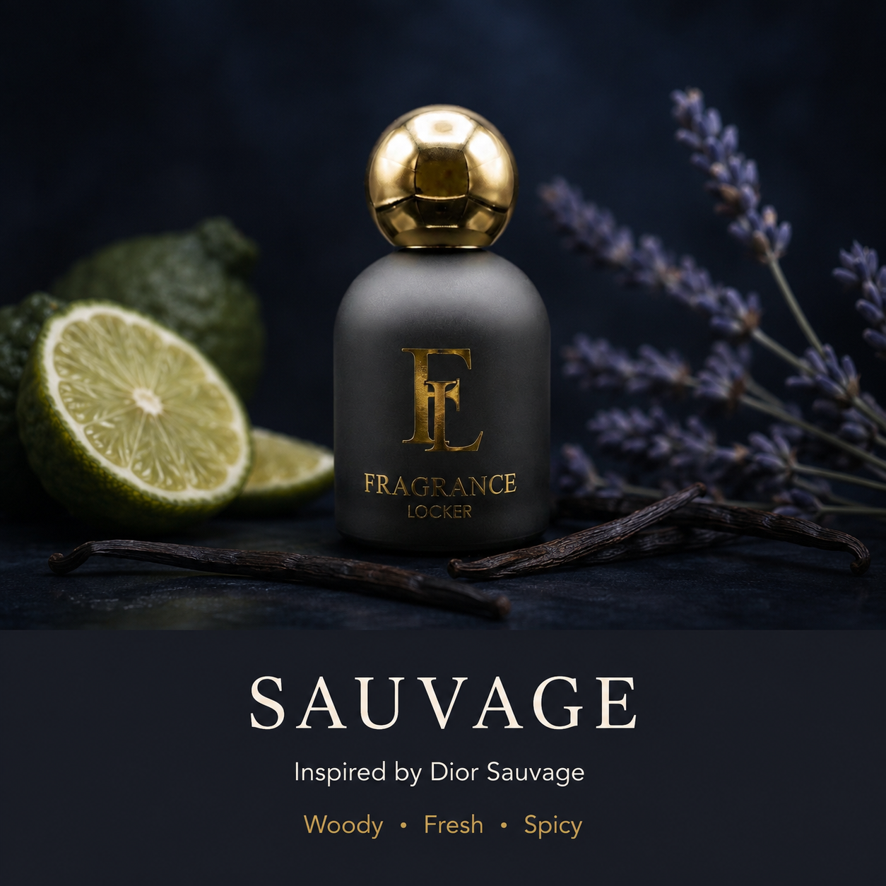 Inspired by Sauvage – Wild Noir 50ml parfum Fresh · Aromatic · Woody — Men's Parfum, Wild Noir scent notes: bergamot, pepper, lavender, cedar