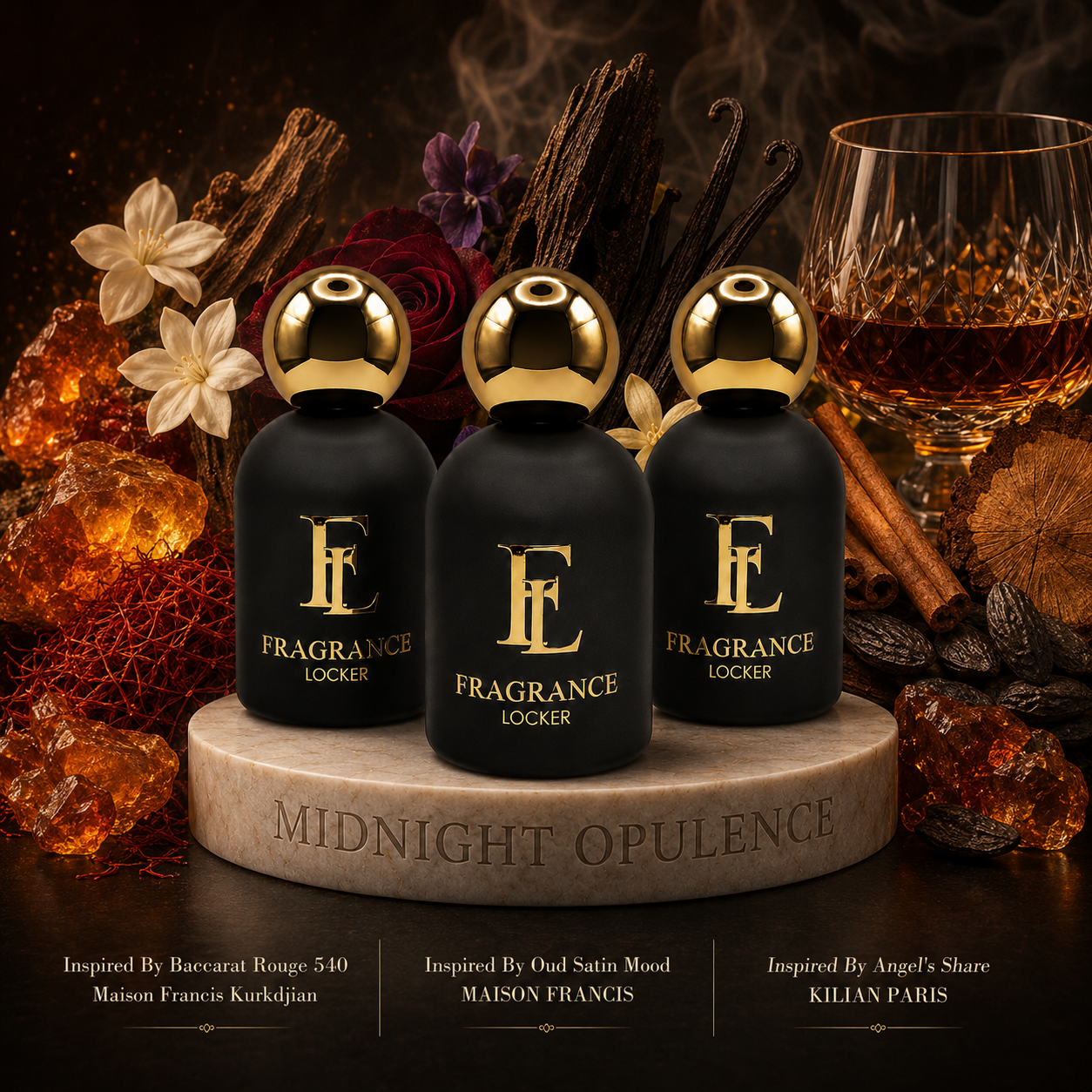 Fragrance Locker Midnight Opulence Collection with Baccarat Rouge 540, Oud Satin Mood and Angel’s Share inspired Eau de Parfum bottles and boxes.