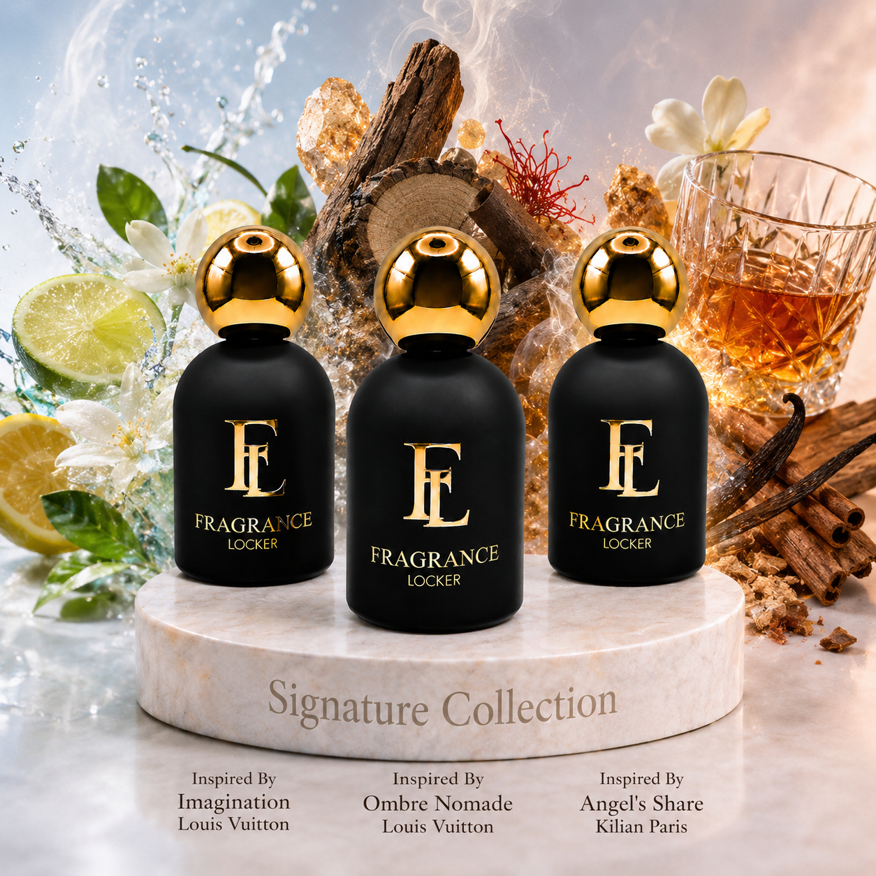 Fragrance Locker Signature Collection with Imagination, Ombre Nomade and Angel’s Share inspired Eau de Parfum bottles and boxes.