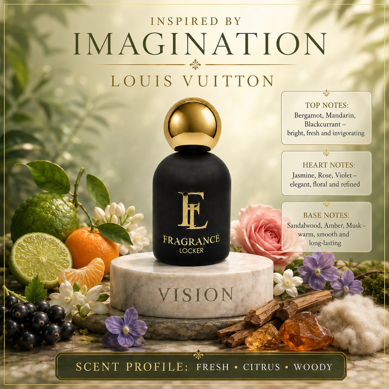 Fragrance Locker Imagination Louis Vuitton inspired Eau de Parfum 50ml bottle and box.