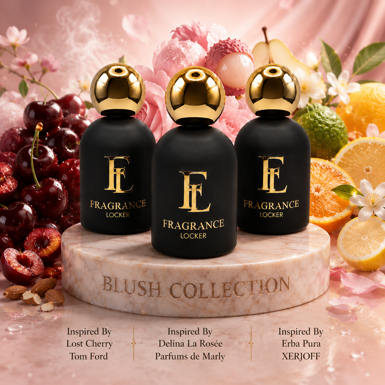 Fragrance Locker Blush Collection with Erba Pura, Delina La Rosée and Lost Cherry inspired Eau de Parfum bottles and boxes.