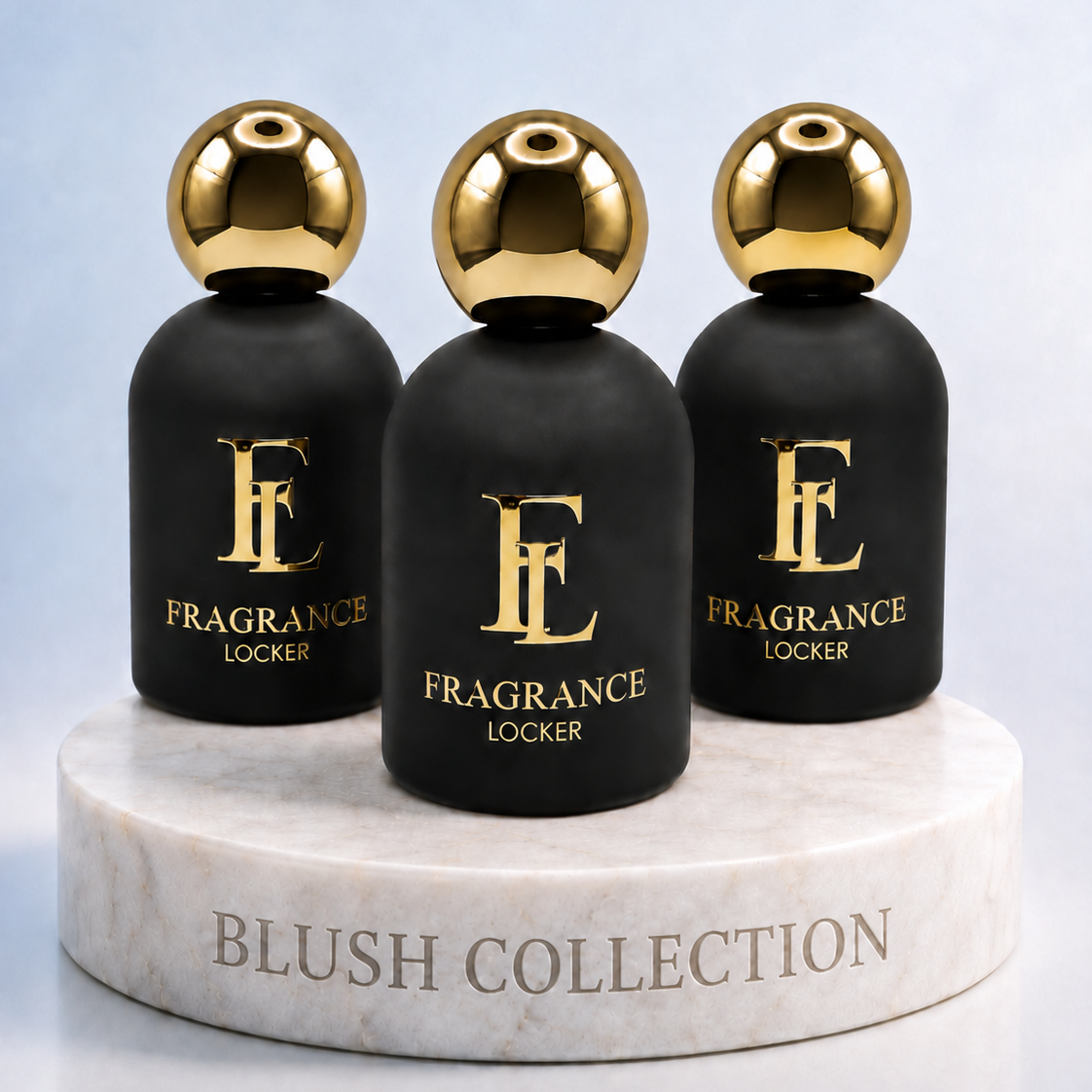 Fragrance Locker Blush Collection with Erba Pura, Delina La Rosée and Lost Cherry inspired Eau de Parfum bottles and boxes.