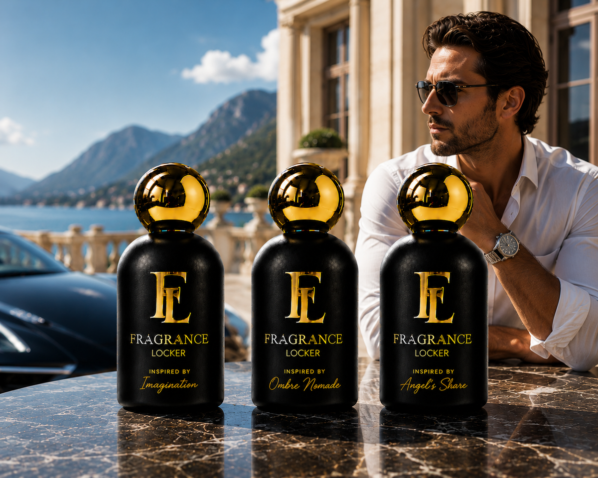 The Signature Collection by Fragrance Locker featuring Inspired By Imagination, Inspired By Ombre Nomade and Inspired By Angel's Share in a luxury fragrance bundle.