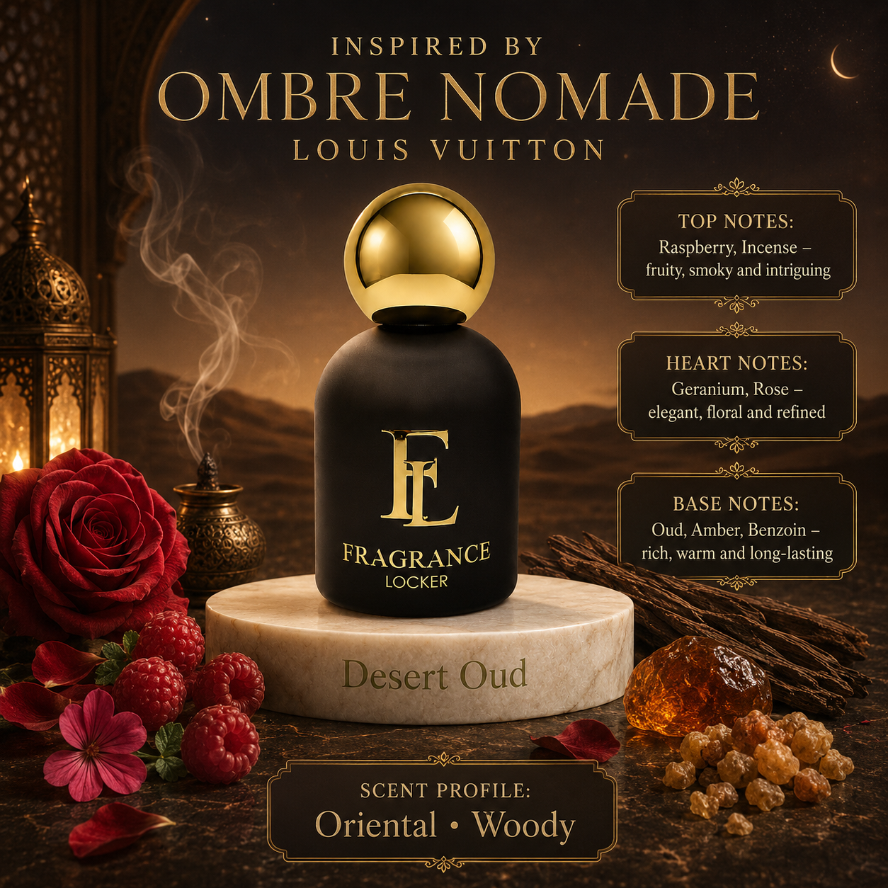 Fragrance Locker OMBRE NOMADE LOUIS VUITTON inspired Eau de Parfum 50ml bottle and box.