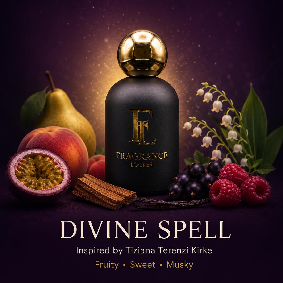 Inspired by Kirke by Tiziana Terenzi — a celebrated fruity-musk fragrance in modern niche perfumery — Divine Spell is our luxurious dupe