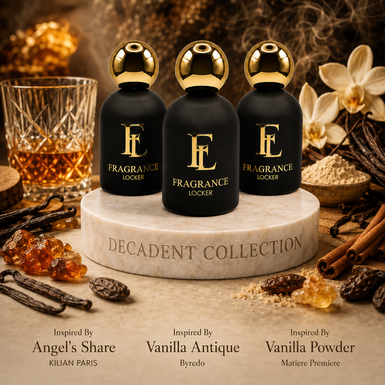 Fragrance Locker Decadent Collection with Angel’s Share, Vanilla Antique and Vanilla Powder inspired Eau de Parfum bottles and boxes.