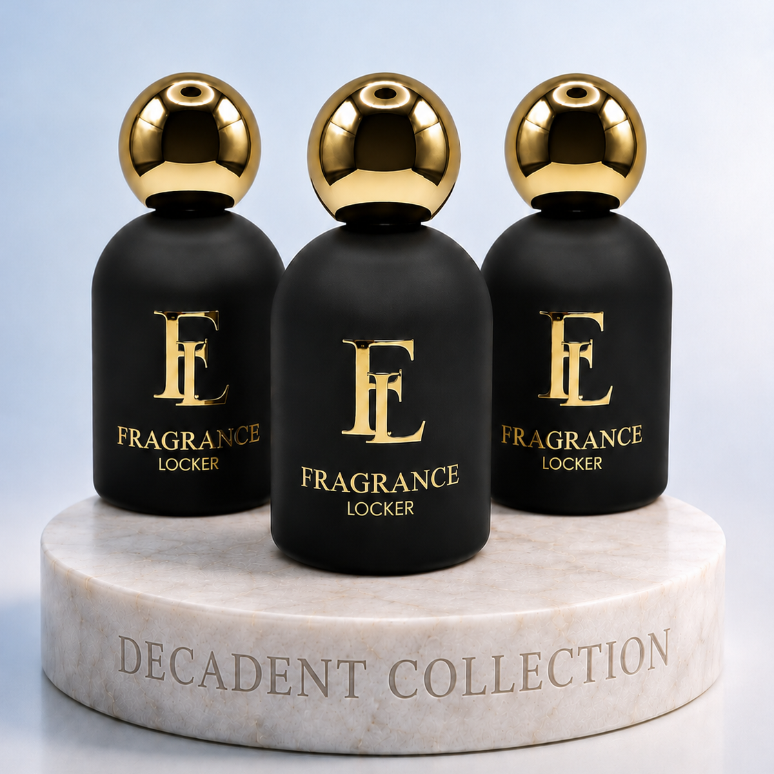 Fragrance Locker Decadent Collection with Angel’s Share, Vanilla Antique and Vanilla Powder inspired Eau de Parfum bottles and boxes.