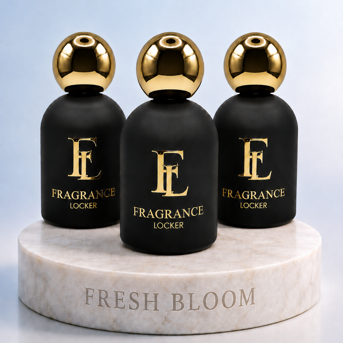 Fragrance Locker Fresh Bloom Collection with California Dream, Pacific Chill and Valaya inspired Eau de Parfum bottles and boxes.
