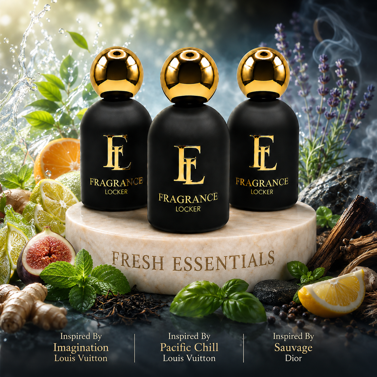  Fragrance Locker Fresh Essentials Collection with Sauvage Dior, Pacific Chill and Imagination inspired Eau de Parfum bottles and boxes.