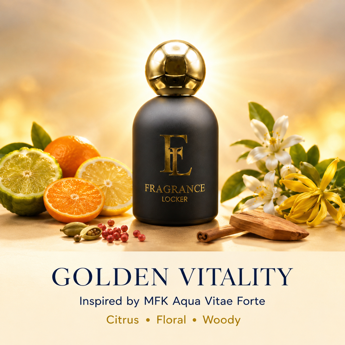 Golden Vitality is a long-lasting unisex parfum inspired by Maison Francis Kurkdjian Aqua Vitae Forte, with bergamot, lemon, ylang-ylang and sandalwood. 50ml.