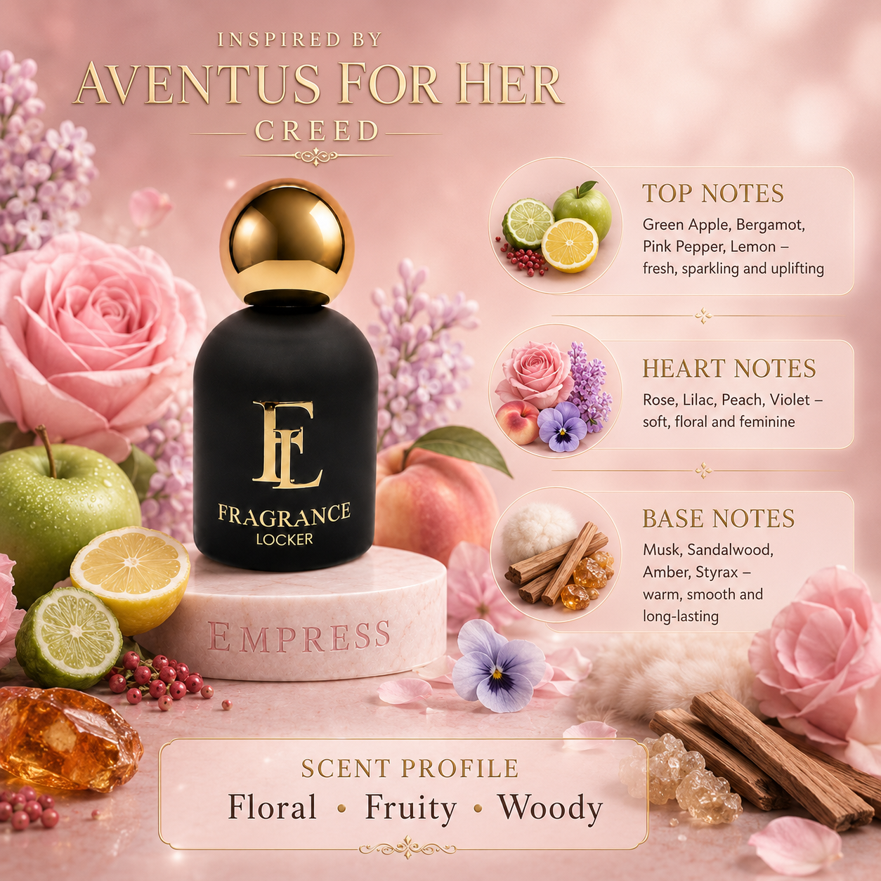 Fragrance Locker Aventus For Her Creed inspired Eau de Parfum 50ml bottle and box.