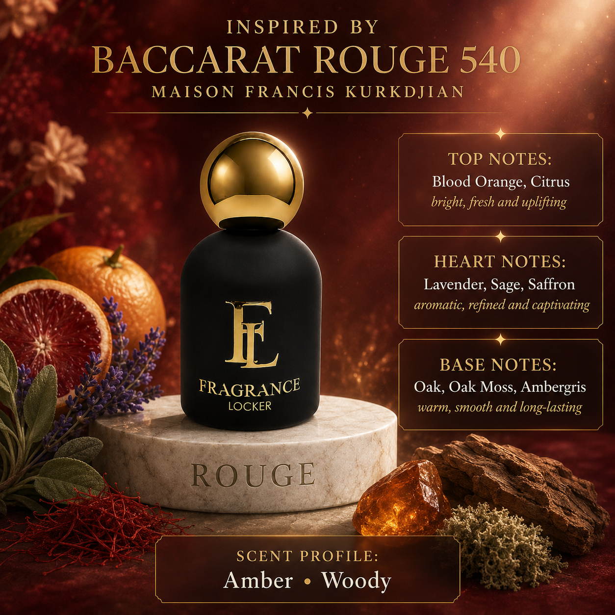 Fragrance Locker BACARAT ROUGE 540 Maison Francis Kurkdjian inspired Eau de Parfum 50ml bottle and box.