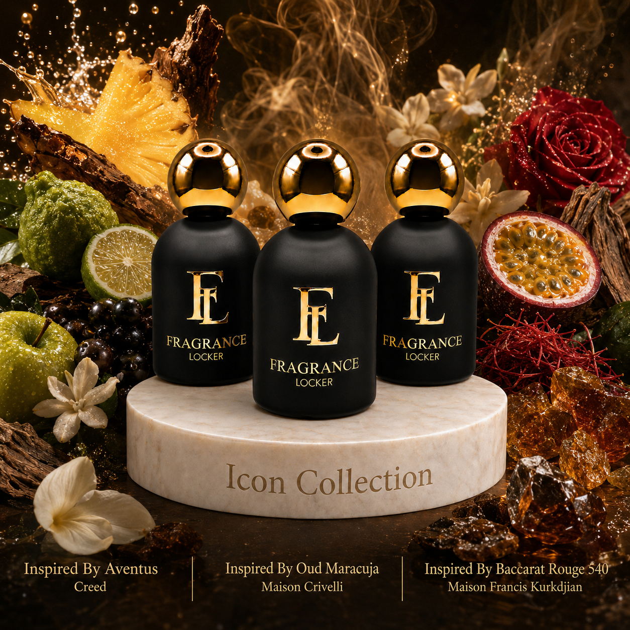 Fragrance Locker Icon Collection with Aventus, Oud Maracuja and Baccarat Rouge 540 inspired Eau de Parfum bottles and boxes.