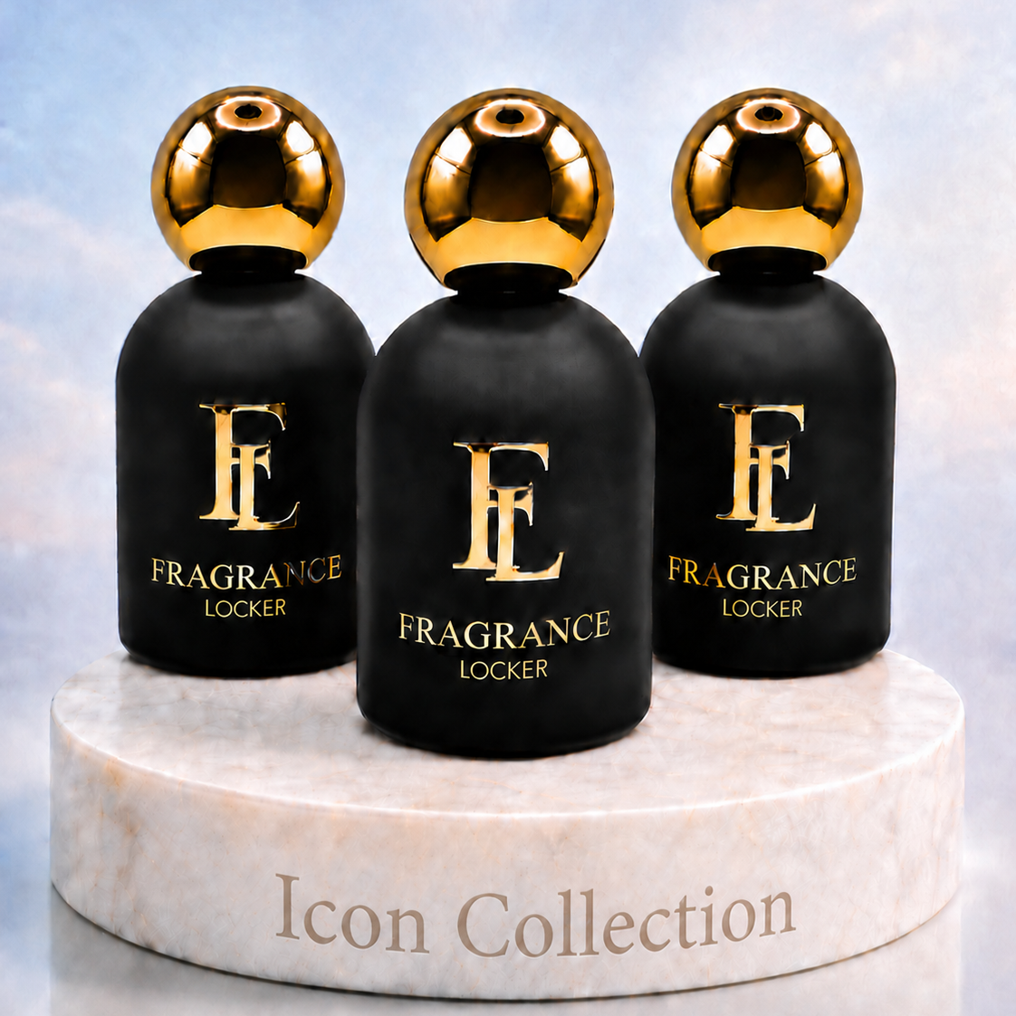 Fragrance Locker Icon Collection with Aventus, Oud Maracuja and Baccarat Rouge 540 inspired Eau de Parfum bottles and boxes.