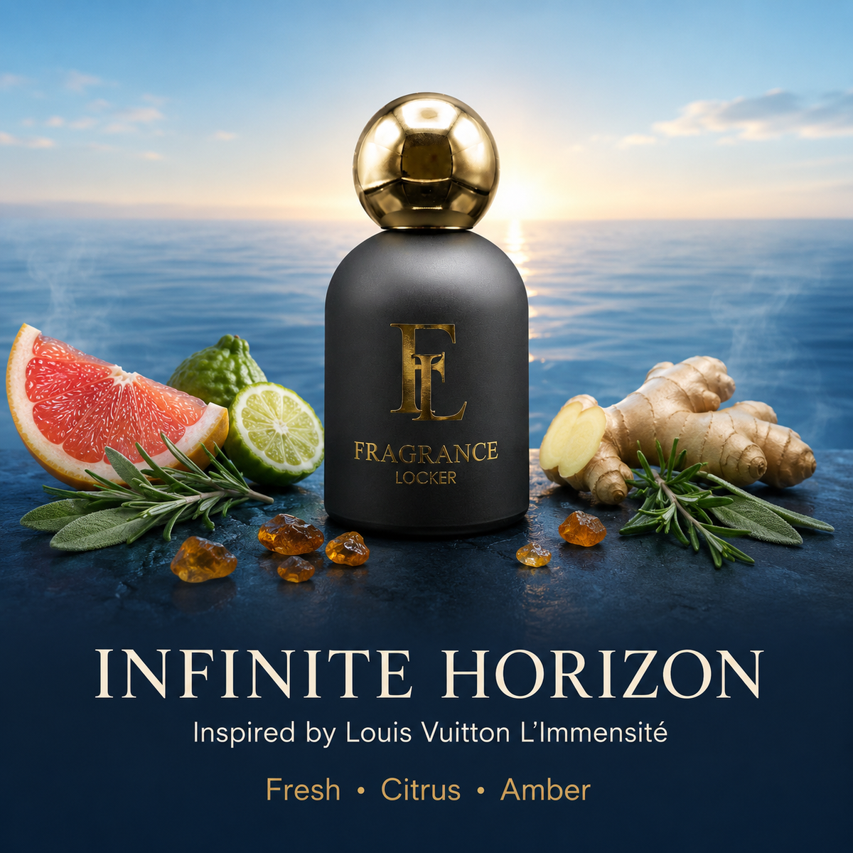 Infinite Horizon is a long-lasting men’s parfum inspired by Louis Vuitton L’Immensité, with grapefruit, ginger, aquatic notes and amber. 50ml. Any 3 for £60.