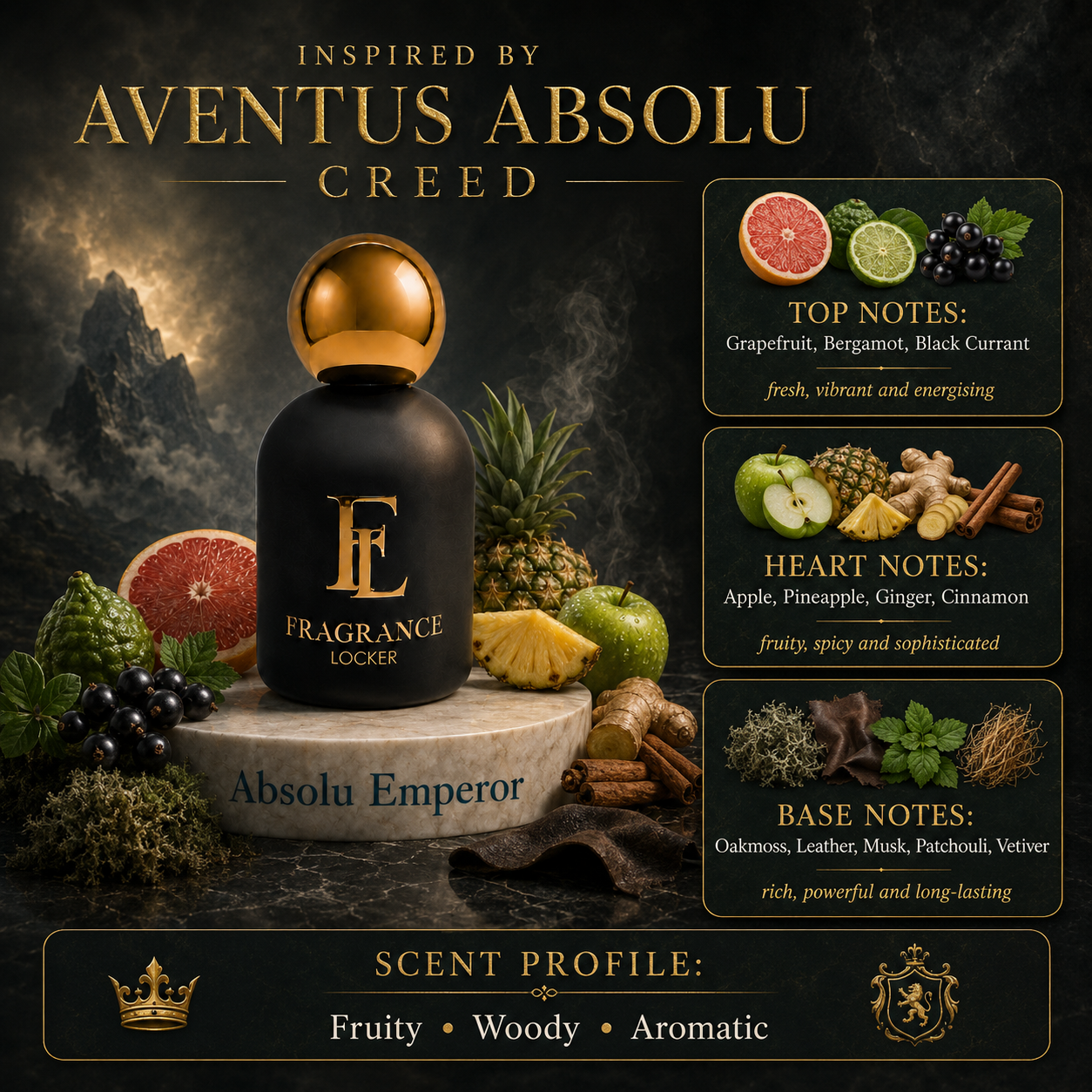 Fragrance Locker Aventus Absolu Creed inspired Eau de Parfum 50ml bottle and box.
