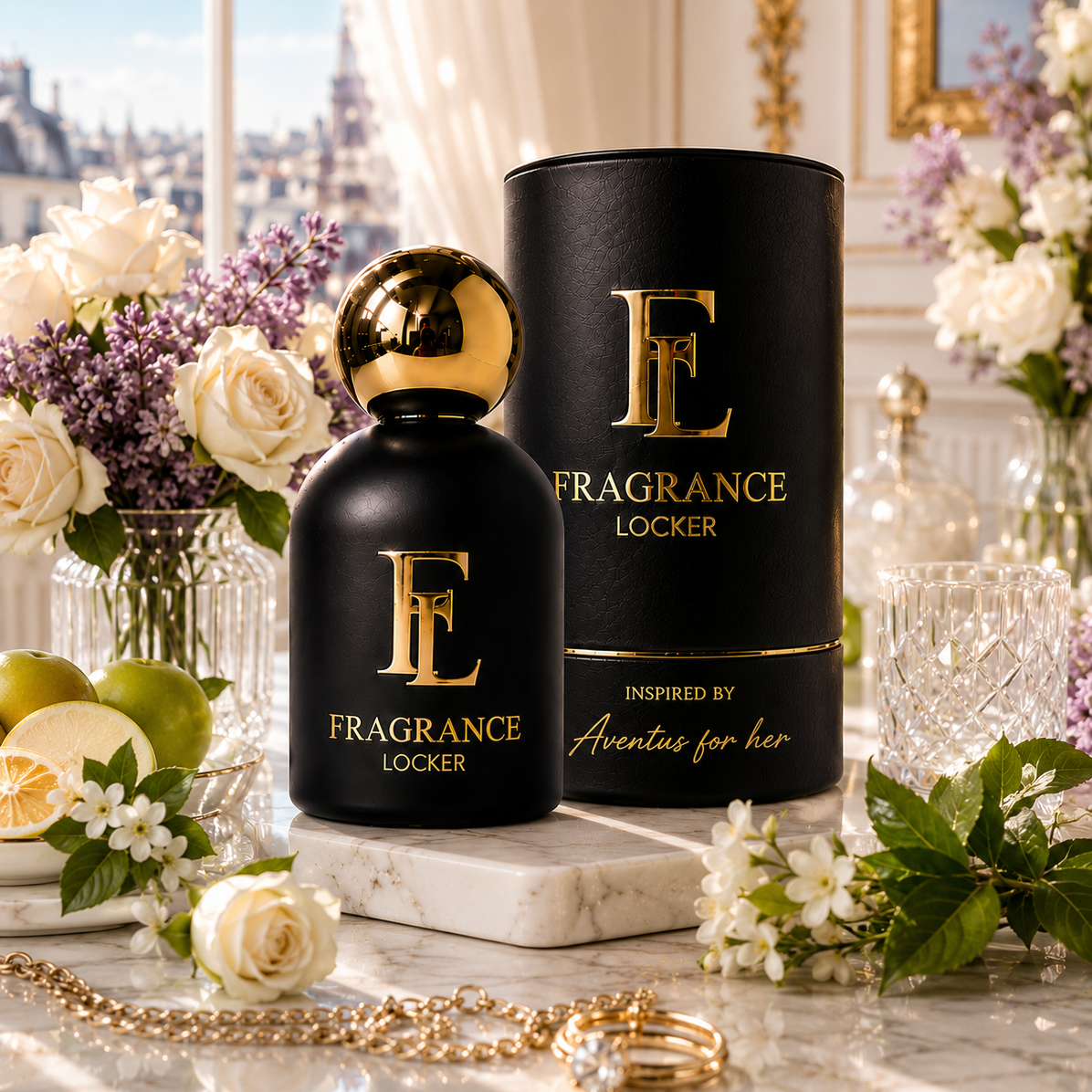 Inspired By Aventus For Her fragrance by Fragrance Locker featuring green apple, rose and smooth musk in a long-lasting feminine perfume.