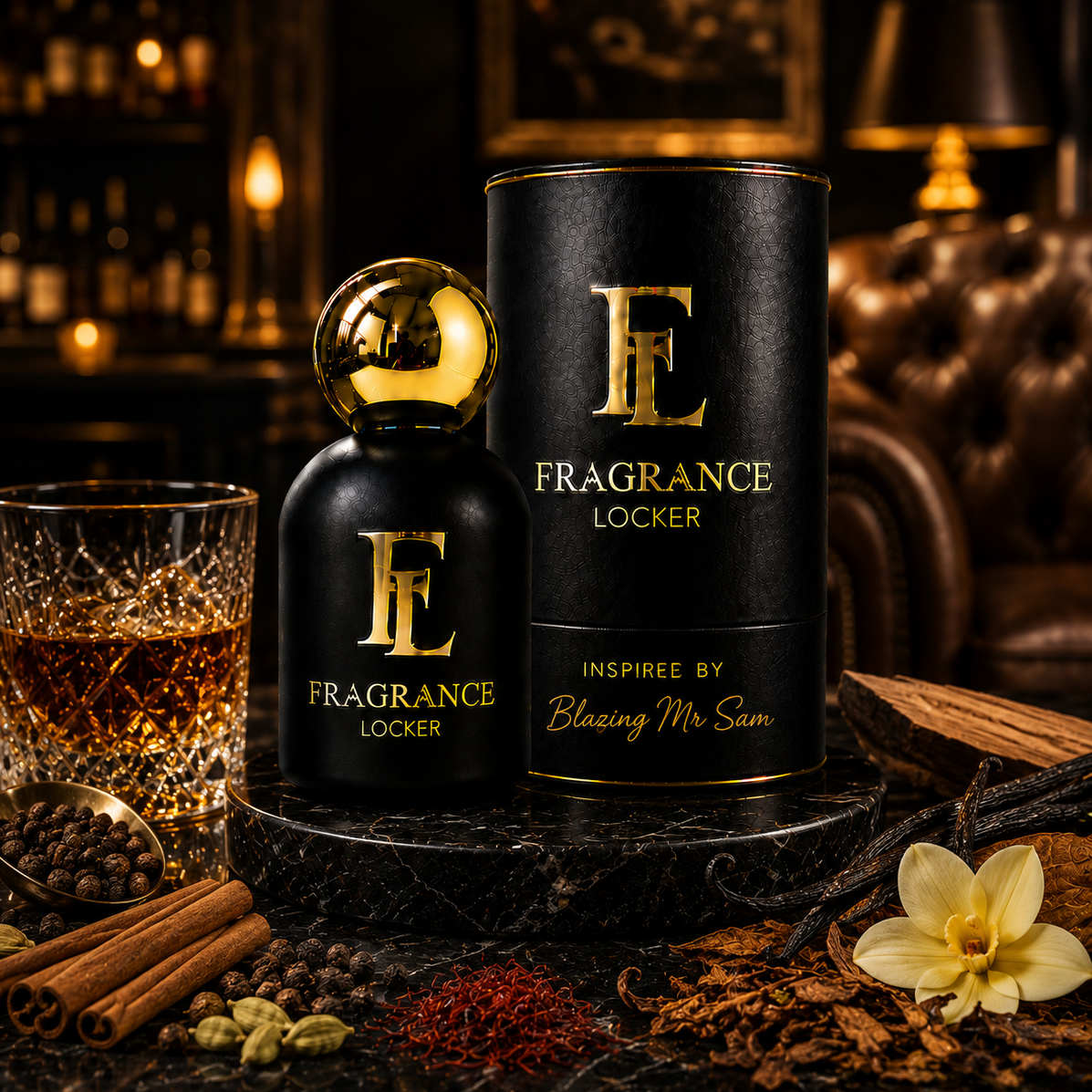 Inspired By Blazing Mr Sam fragrance by Fragrance Locker featuring tobacco, saffron and warm spices in a long-lasting masculine perfume.
