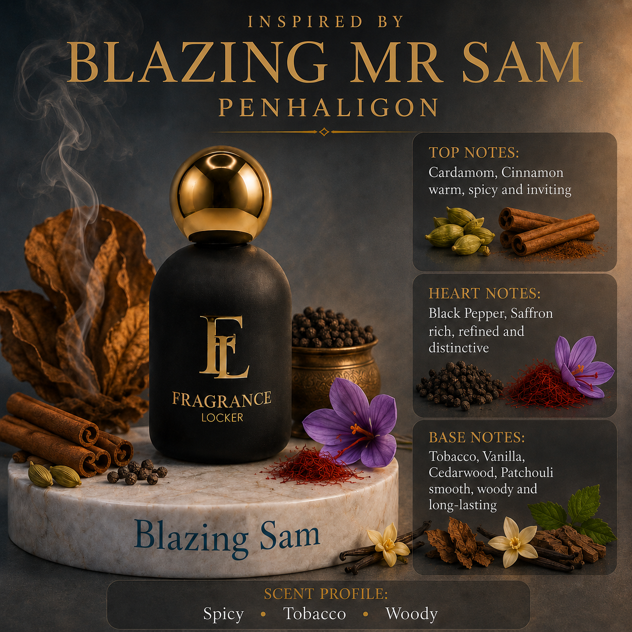 Fragrance Locker Blazing mr Sam Penhaligon inspired Eau de Parfum 50ml bottle and box.