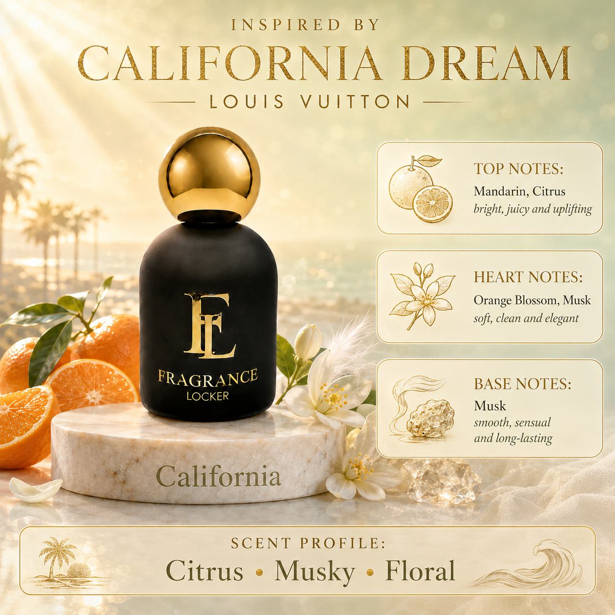 Fragrance Locker California Dream Louis Vuitton inspired Eau de Parfum 50ml bottle and box.