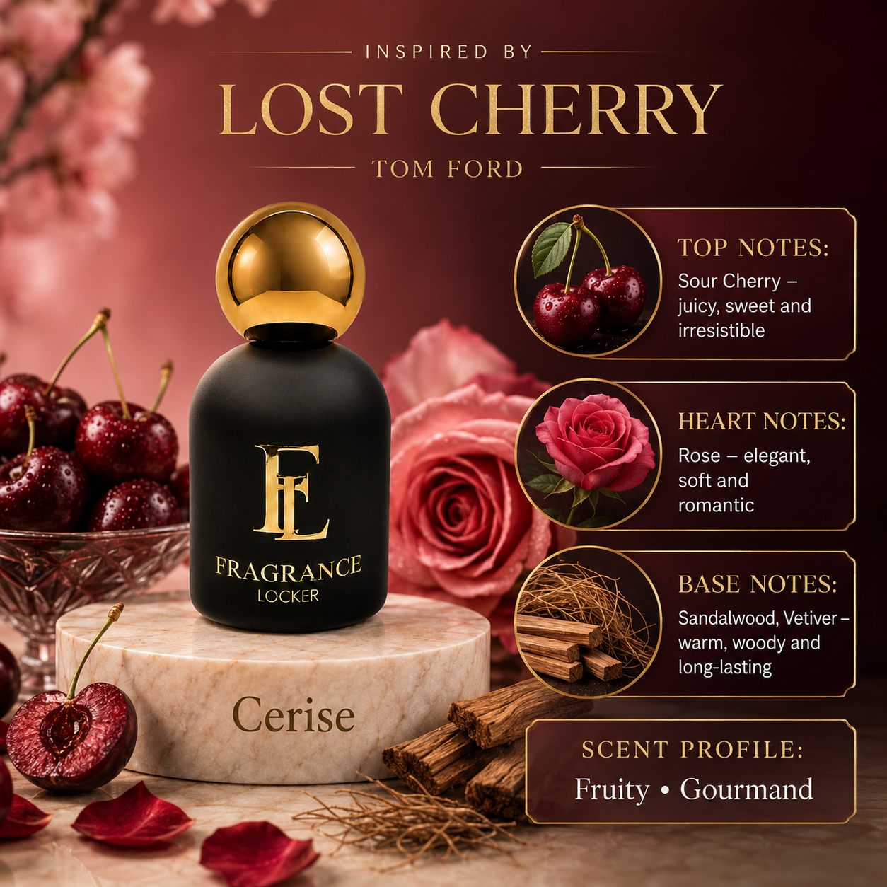Fragrance Locker Lost cherry Tom Ford inspired Eau de Parfum 50ml bottle and box.