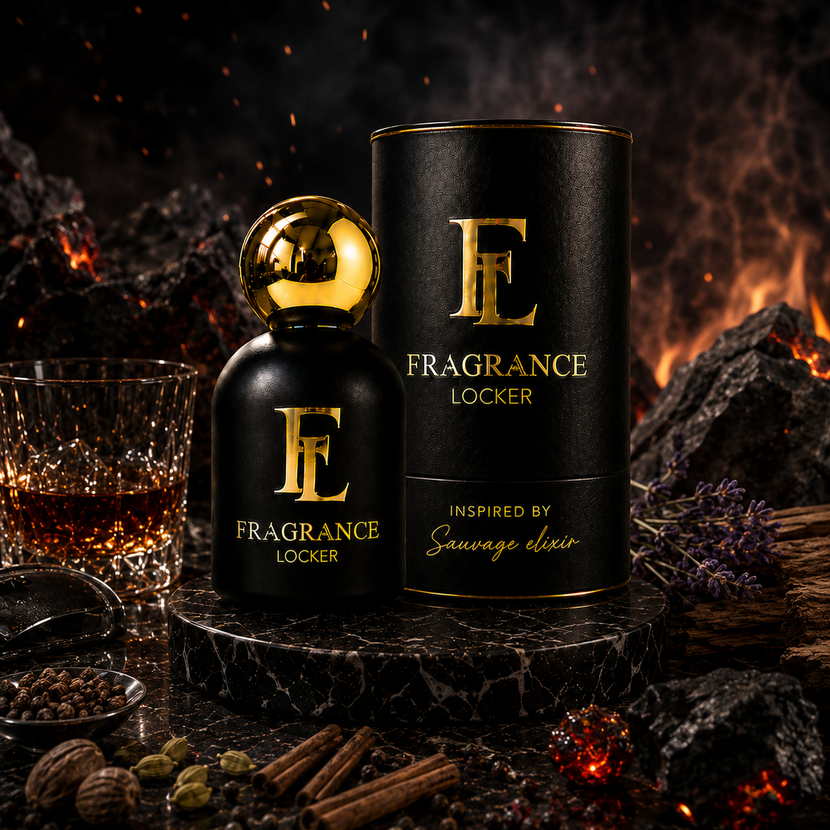 Inspired By Sauvage Elixir fragrance by Fragrance Locker featuring cinnamon, lavender and sandalwood in a long-lasting masculine perfume.