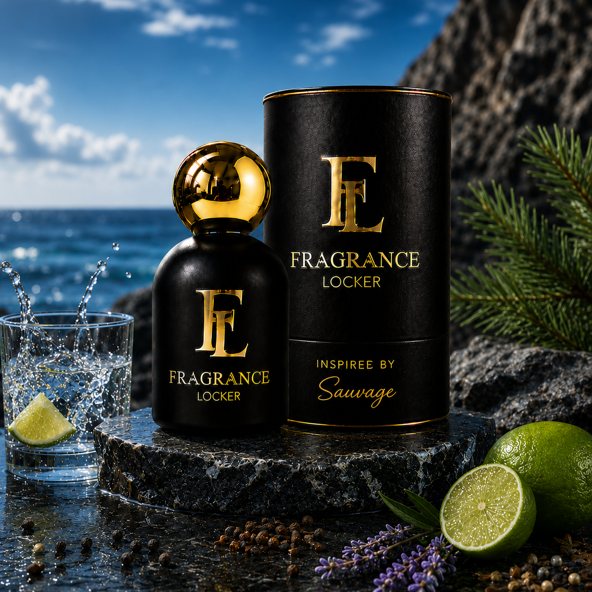 Inspired By Sauvage fragrance by Fragrance Locker featuring bergamot, lavender and ambroxan in a long-lasting masculine perfume.