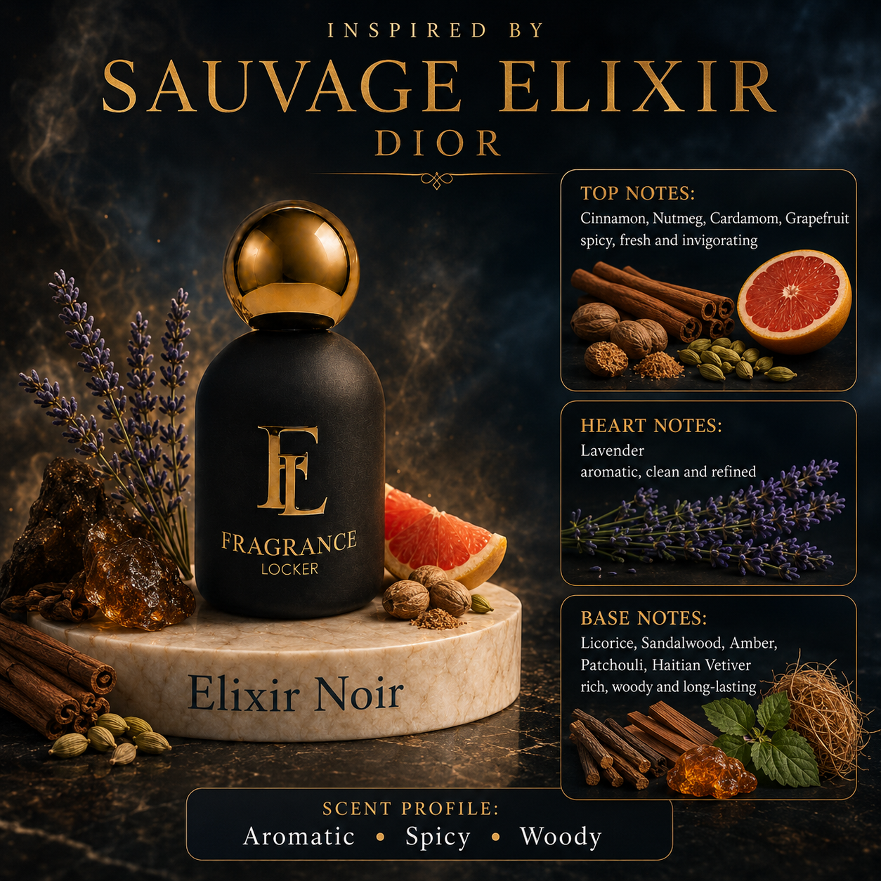 Fragrance Locker Sauvage elixir Dior inspired Eau de Parfum 50ml bottle and box.