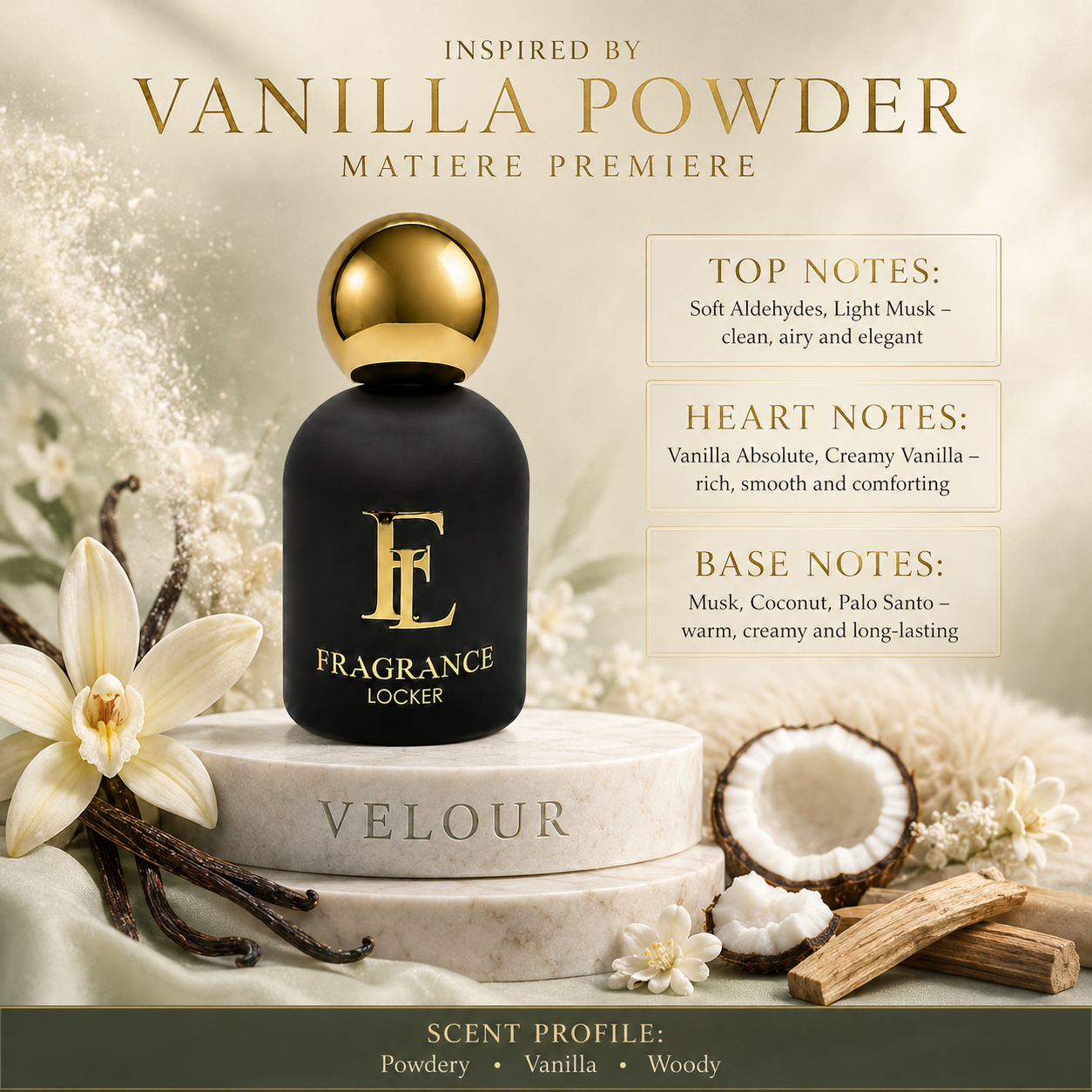 Fragrance Locker Vanilla Powder Matiere Premiere inspired Eau de Parfum 50ml bottle and box.