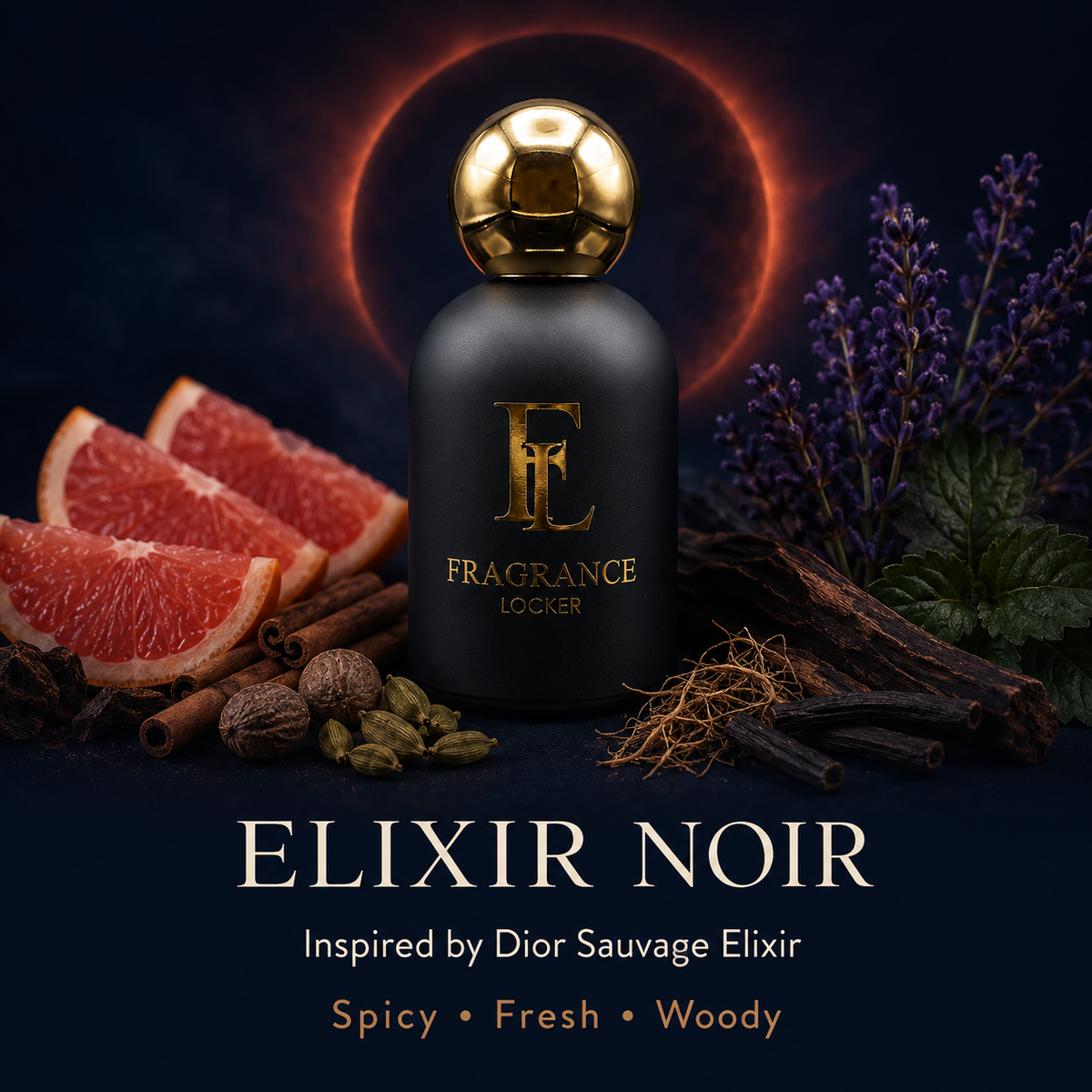 Inspired by Sauvage Elixir – Elixir Noir Fresh · Aromatic · Woody — Men's Parfum 50ml