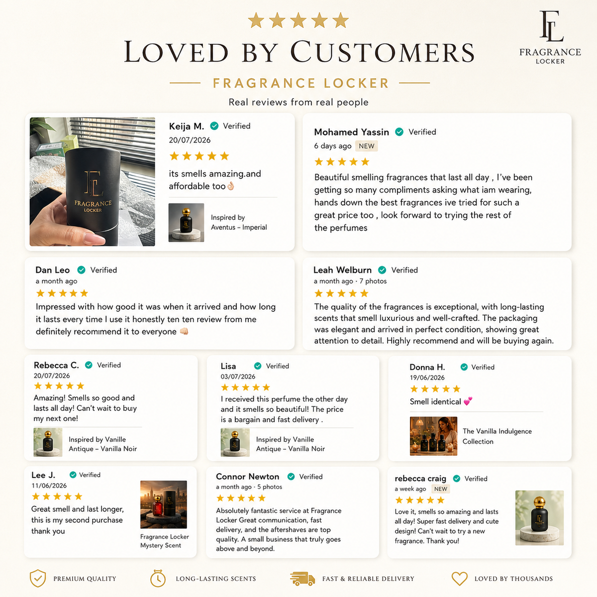 Five-star customer review for Fragrance Locker luxury perfume alternatives praising the long-lasting scent, designer-inspired quality and value for money.