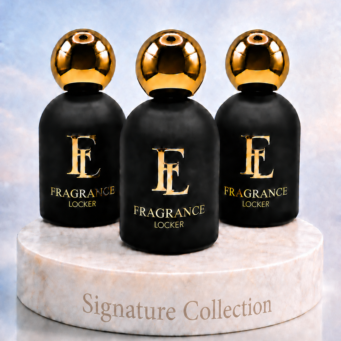 Fragrance Locker Signature Collection with Imagination, Ombre Nomade and Angel’s Share inspired Eau de Parfum bottles and boxes.