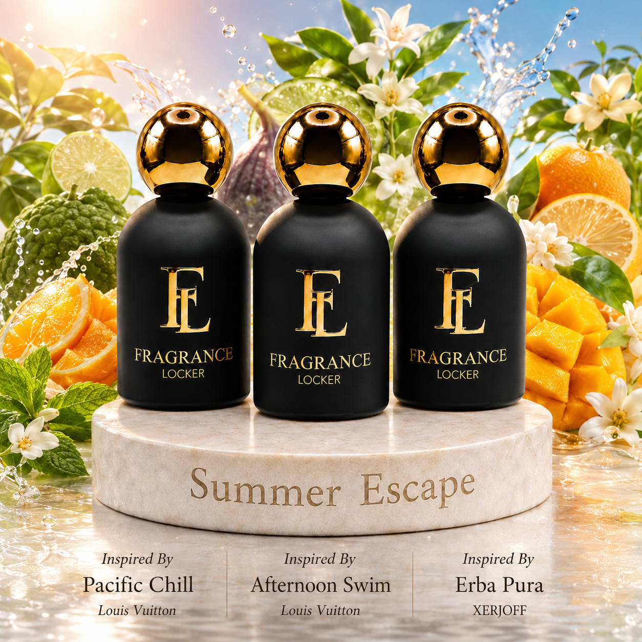 Fragrance Locker Summer Escape Collection with Pacific Chill, Afternoon Swim and Erba Pura inspired Eau de Parfum bottles and boxes.
