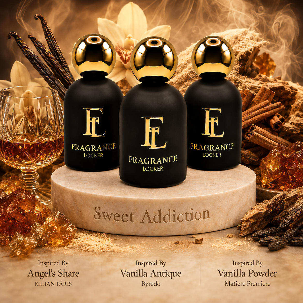 Sweet_Addiction_Collection Fragrance Locker Sweet Addiction Collection with Angel’s Share, Vanilla Antique and Vanilla Powder inspired Eau de Parfum bottles and boxes.