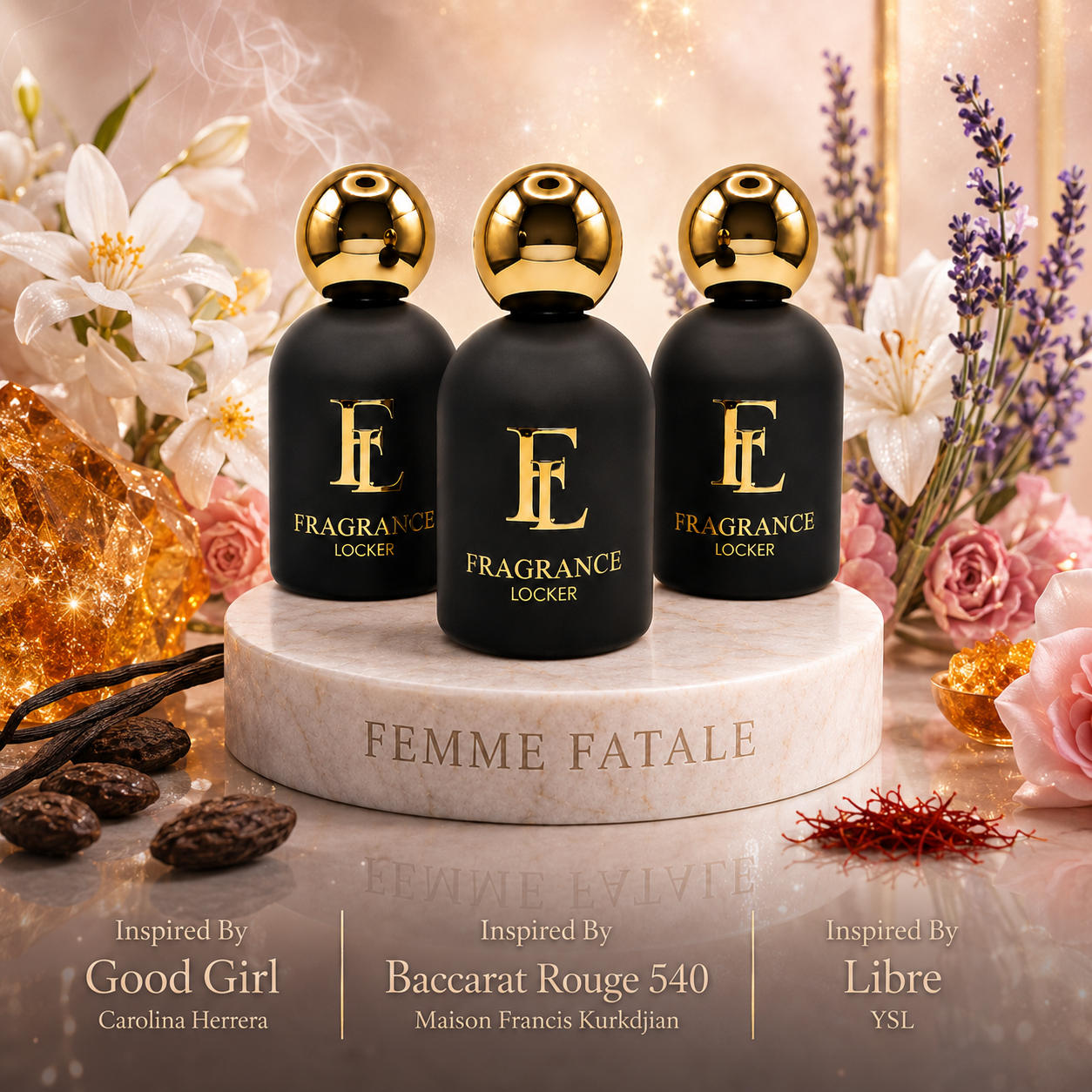  Fragrance Locker Femme Fatale Collection with Libre, Baccarat Rouge 540 and Good Girl inspired Eau de Parfum bottles and boxes.