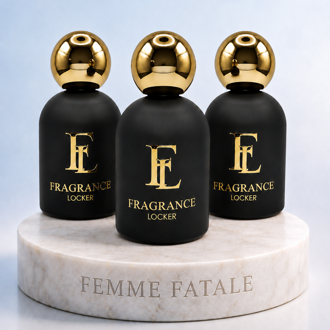  Fragrance Locker Femme Fatale Collection with Libre, Baccarat Rouge 540 and Good Girl inspired Eau de Parfum bottles and boxes.
