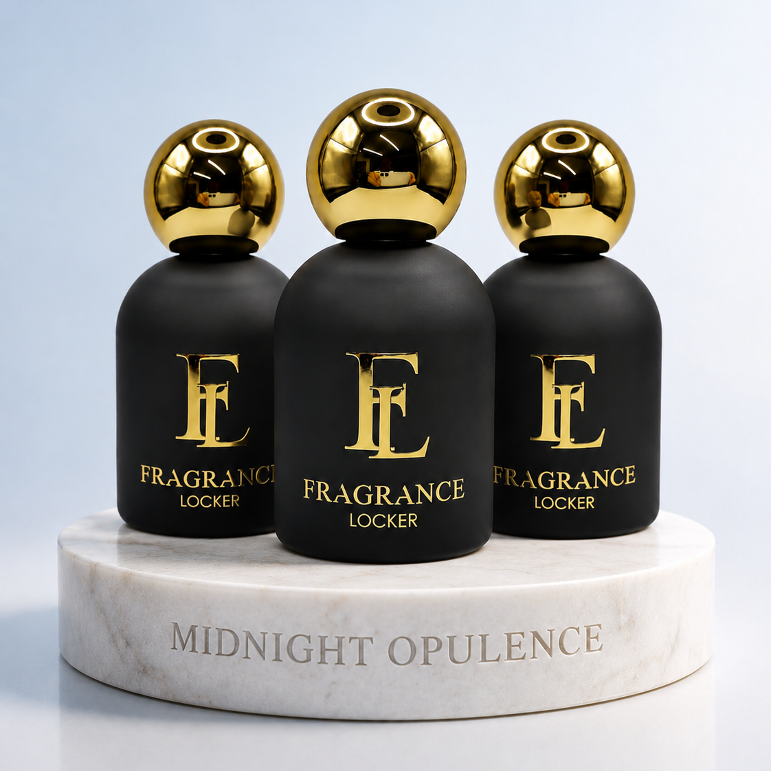 Fragrance Locker Midnight Opulence Collection with Baccarat Rouge 540, Oud Satin Mood and Angel’s Share inspired Eau de Parfum bottles and boxes.