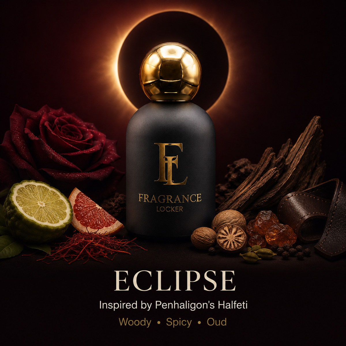 Eclipse woody spicy oud perfume by Fragrance Locker with citrus, rose, saffron, spices, oud and amber
