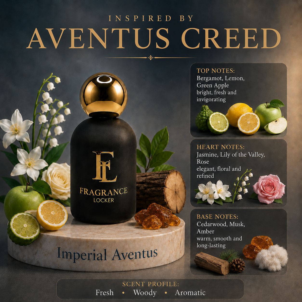 Fragrance Locker Aventus Creed inspired Eau de Parfum 50ml bottle and box.