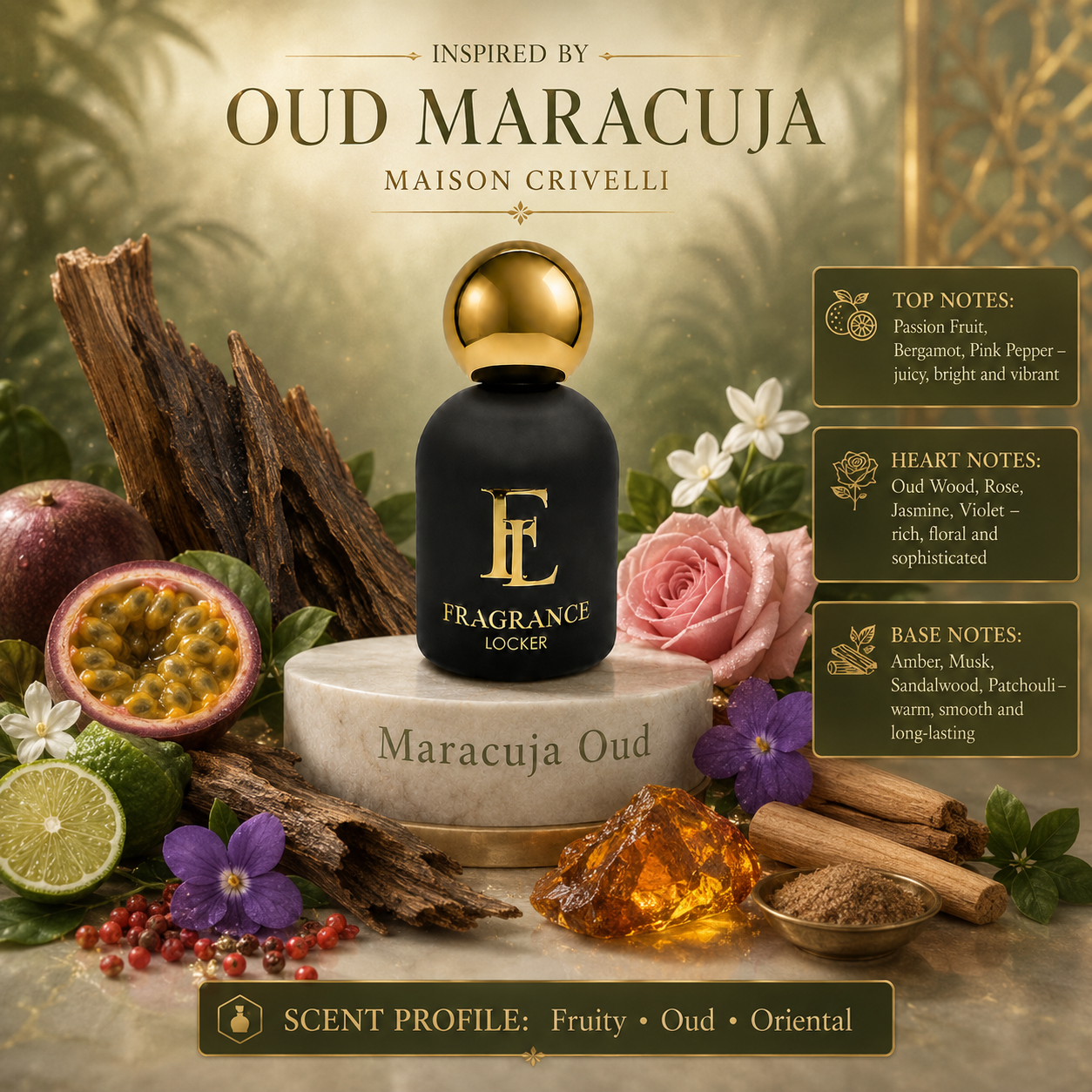 Fragrance Locker Oud Maracuja Maison Crivelli inspired Eau de Parfum 50ml bottle and box.
