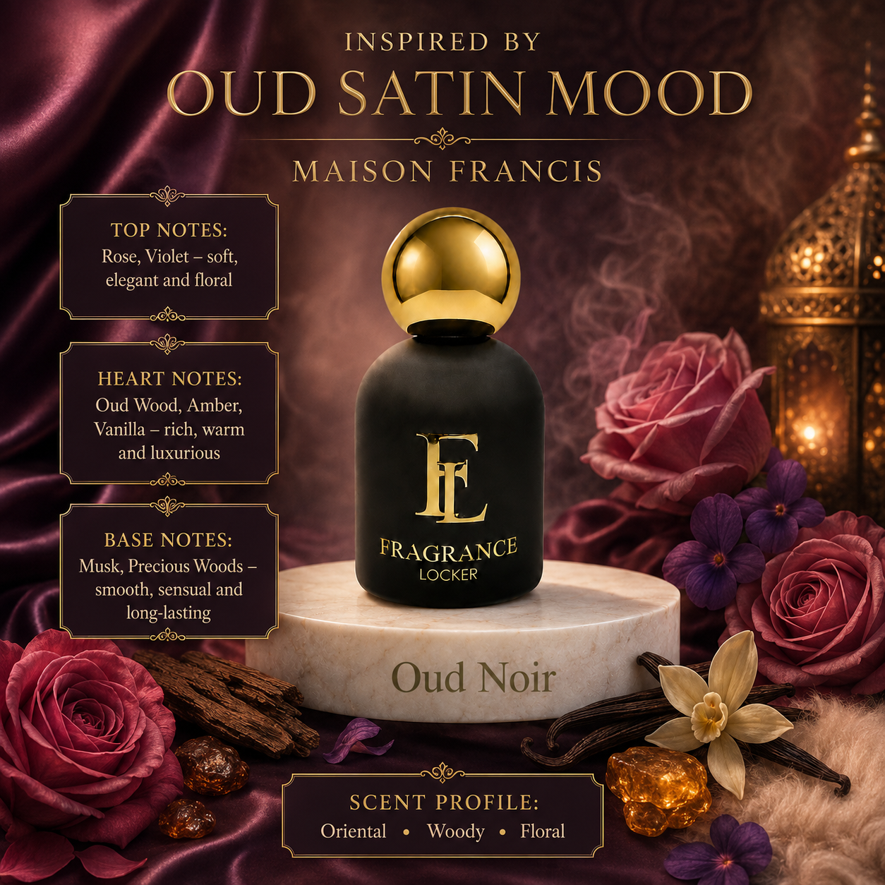 Fragrance Locker Desert Oud Inspired_By Oud Satin Mood MAISON FRANCIS inspired Eau de Parfum 50ml bottle and box.