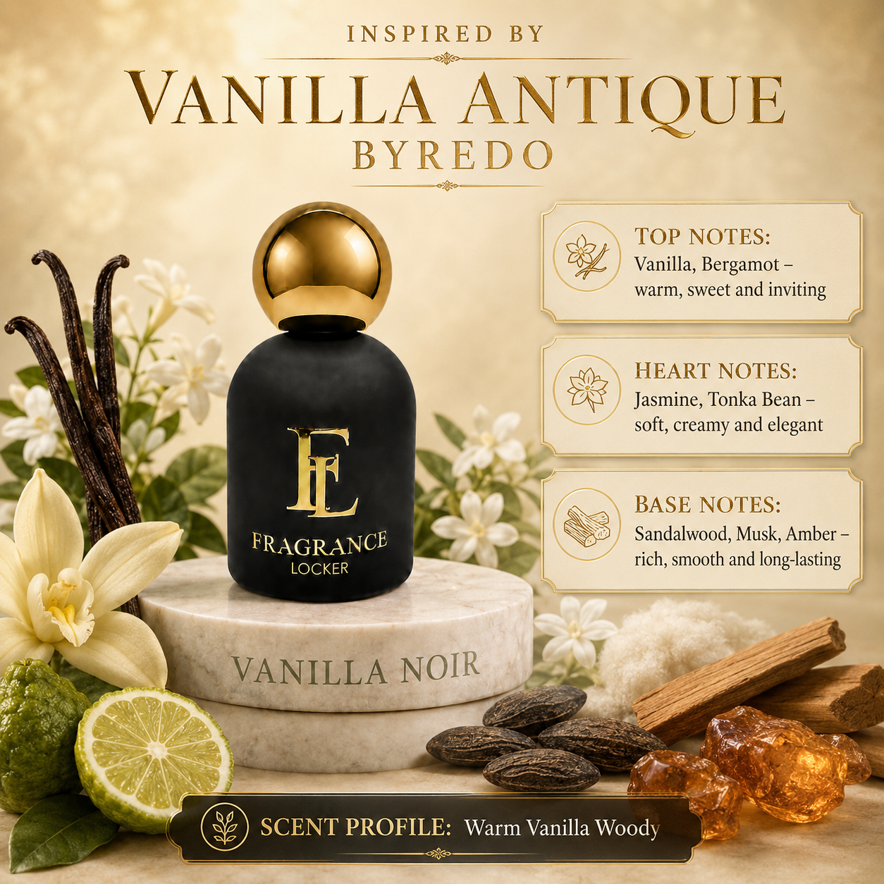 Fragrance Locker Vanilla Antique Byredo inspired Eau de Parfum 50ml bottle and box.